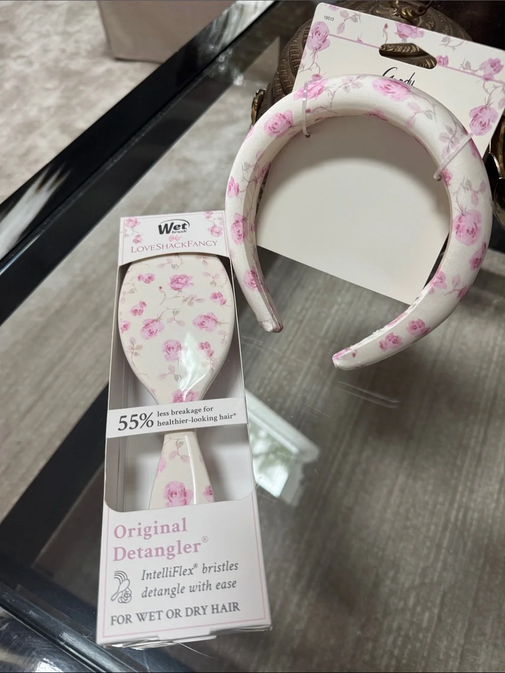 LoveShackFancy Cream and Pink Rose Padded Headband with Matching Detangler Brush